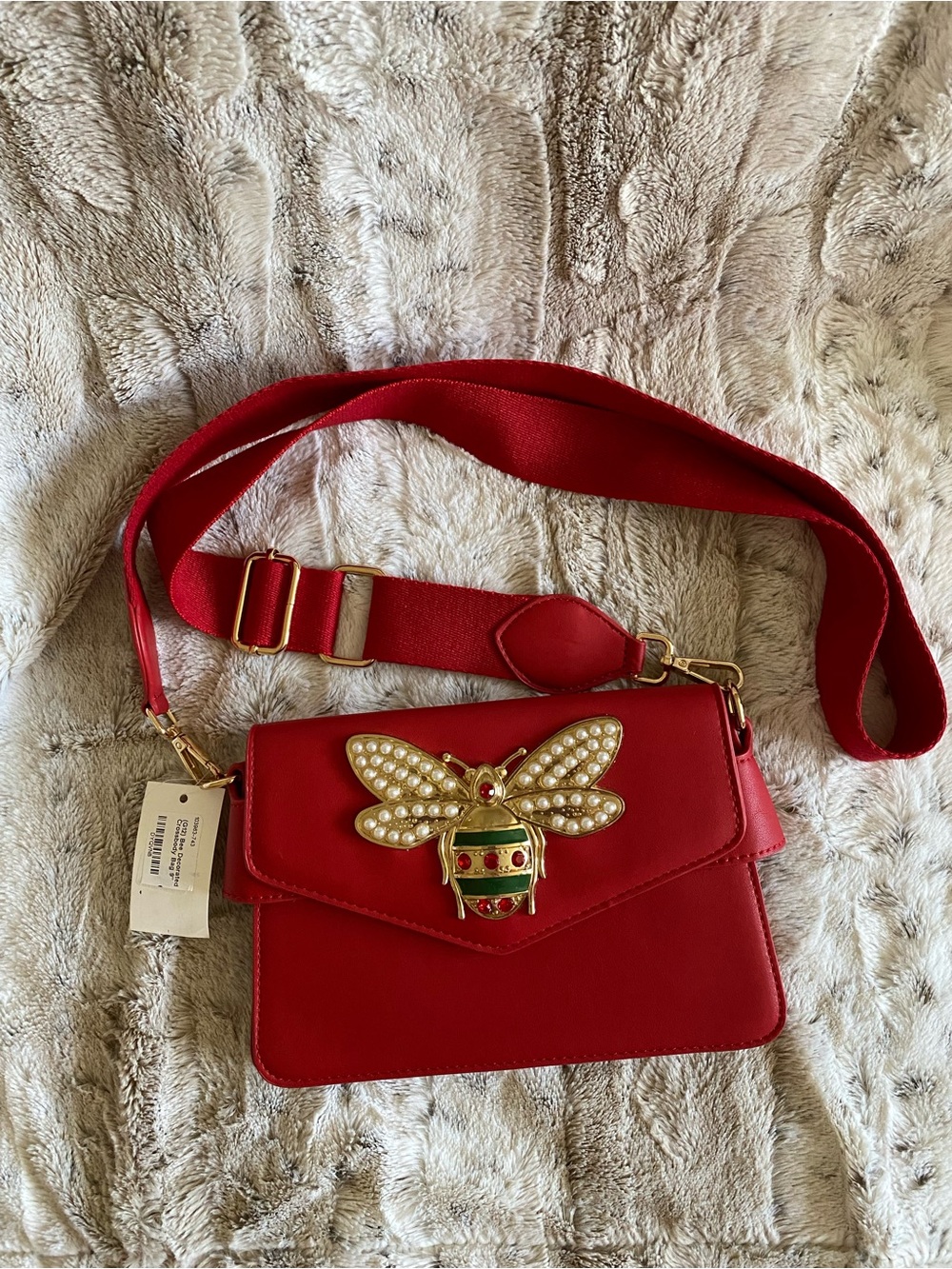 Red Pearl Bee Accent embellished Crossbody Bag - 9” - Picture 1 of 9